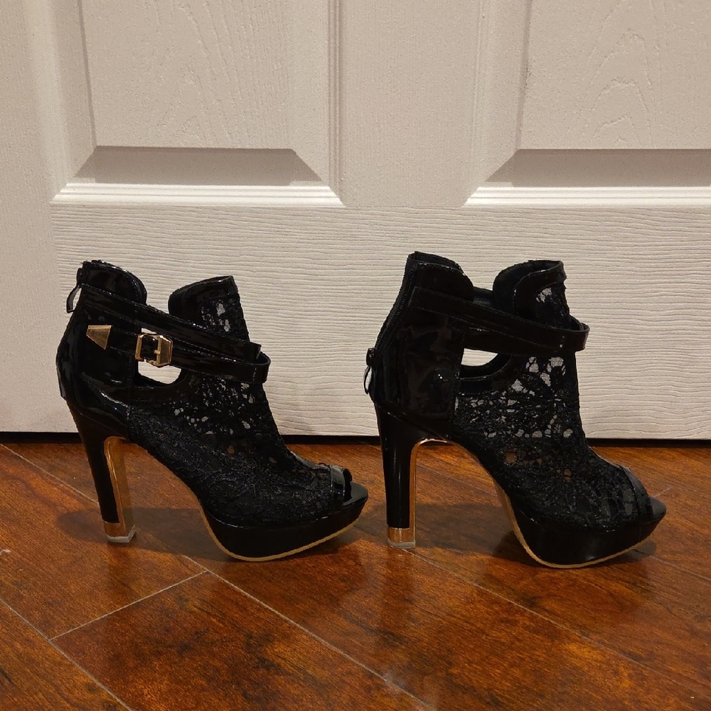 Black Lace Peep-Toe High Heel Booties with Gold Buckle - Picture 4 of 9